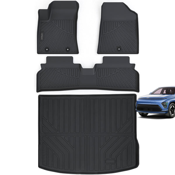Floor Mats & Cargo Liners Compatible For 2024 Hyundai Kona Electric-Not Suitable For Fuel Version- TPE All Weather 2 Row Floor Liners And Trunk Mat Mats Accessories-Black