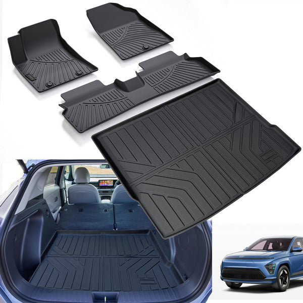 Floor Mats & Cargo Liners Compatible For 2024 Hyundai Kona Electric-Not Suitable For Fuel Version- TPE All Weather 2 Row Floor Liners And Trunk Mat Mats Accessories-Black